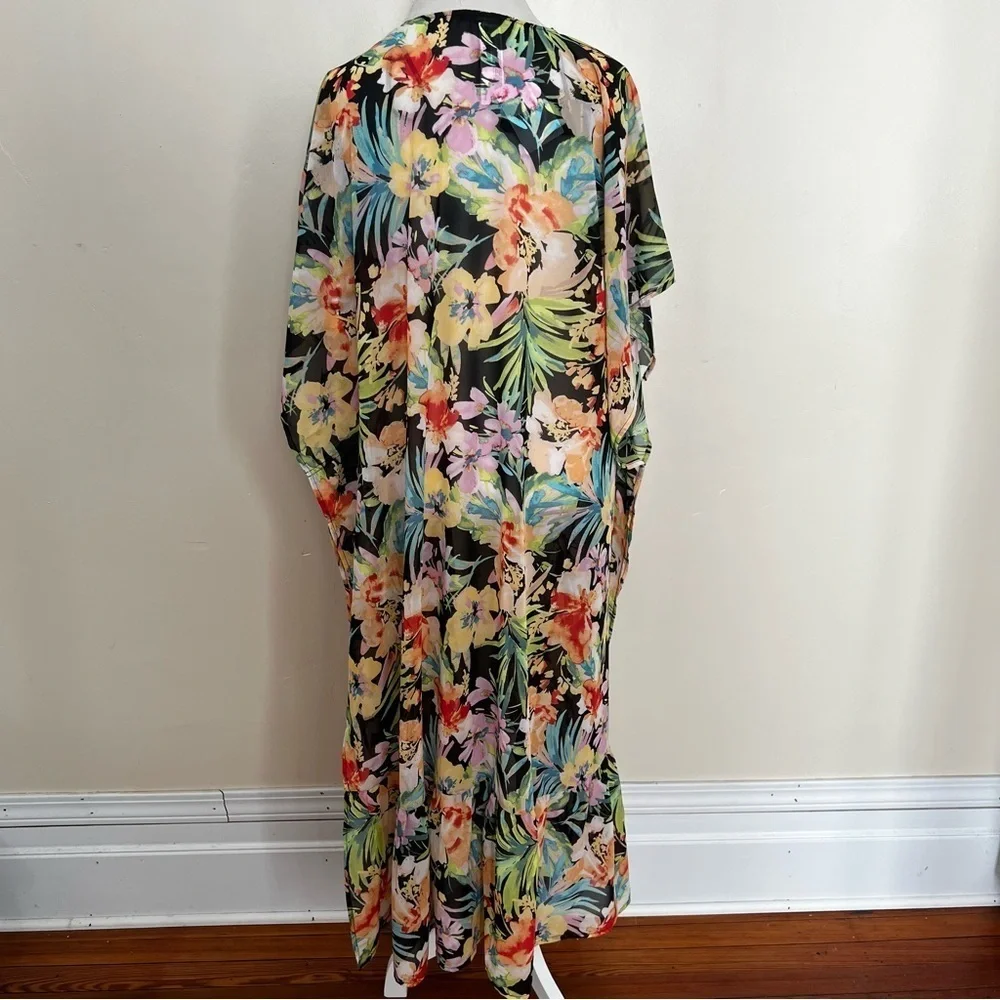 Forever 21 Sheer Black and Floral Swim Coverup Kimono - NWT - Size Small